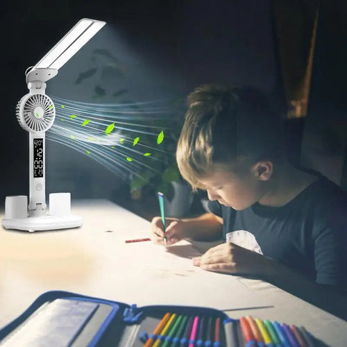 Lampe de Bureau LED Multifonction 5-en-1 | Ventilateur, Écran Smart & Organisateur Intégrés