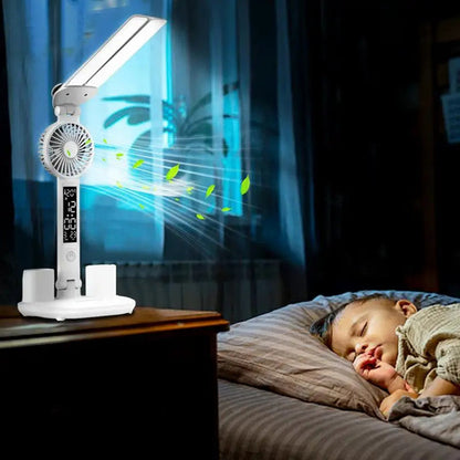 Lampe de Bureau LED Multifonction 5-en-1 | Ventilateur, Écran Smart & Organisateur Intégrés