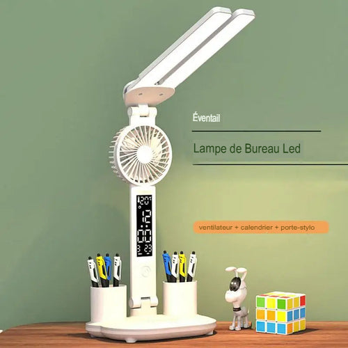 Lampe de Bureau LED Multifonction 5-en-1 | Ventilateur, Écran Smart & Organisateur Intégrés