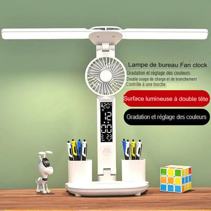 Lampe de Bureau LED Multifonction 5-en-1 | Ventilateur, Écran Smart & Organisateur Intégrés