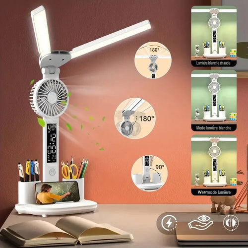 Lampe de Bureau LED Multifonction 5-en-1 | Ventilateur, Écran Smart & Organisateur Intégrés